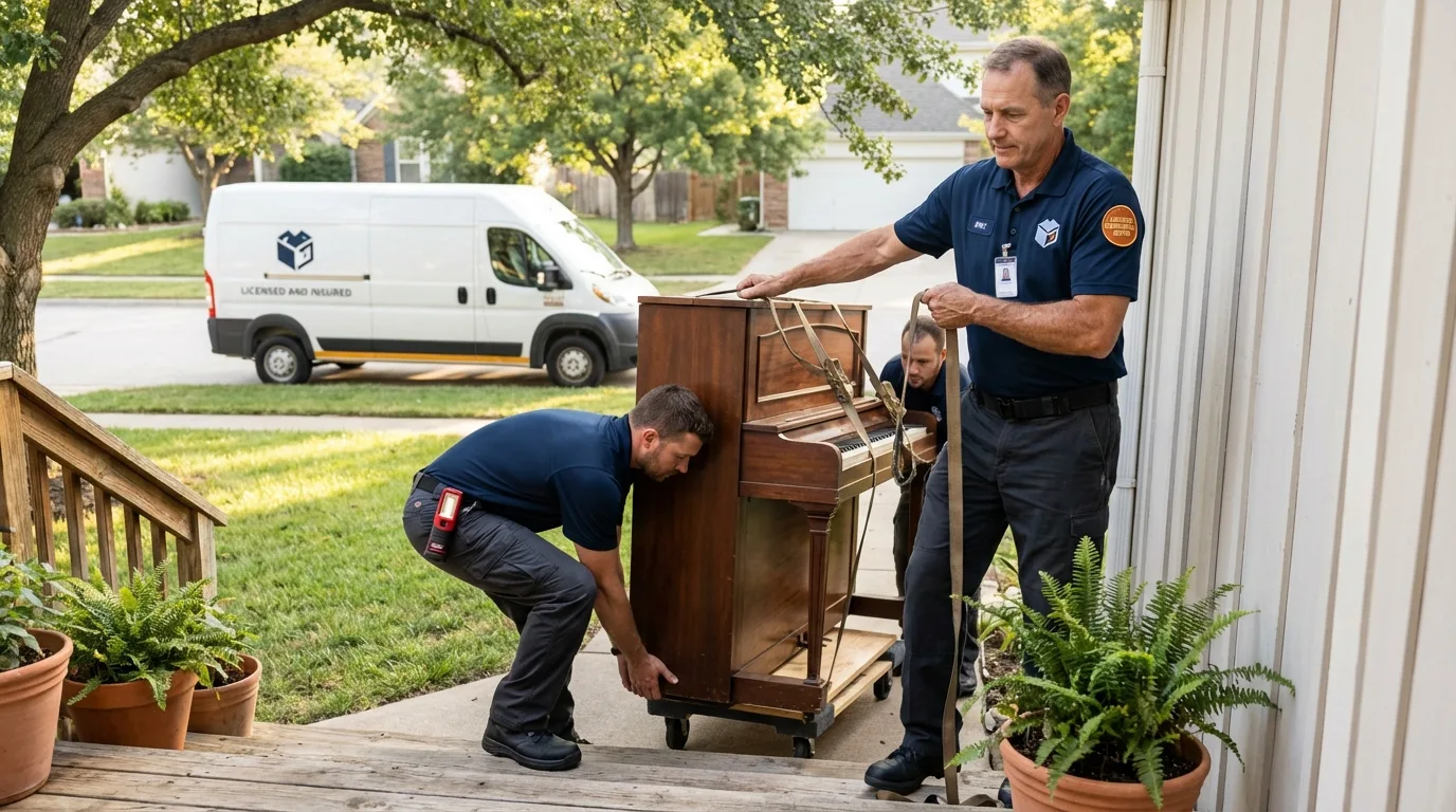 Licensed piano movers securing grand piano in Atlantic Beach, NY