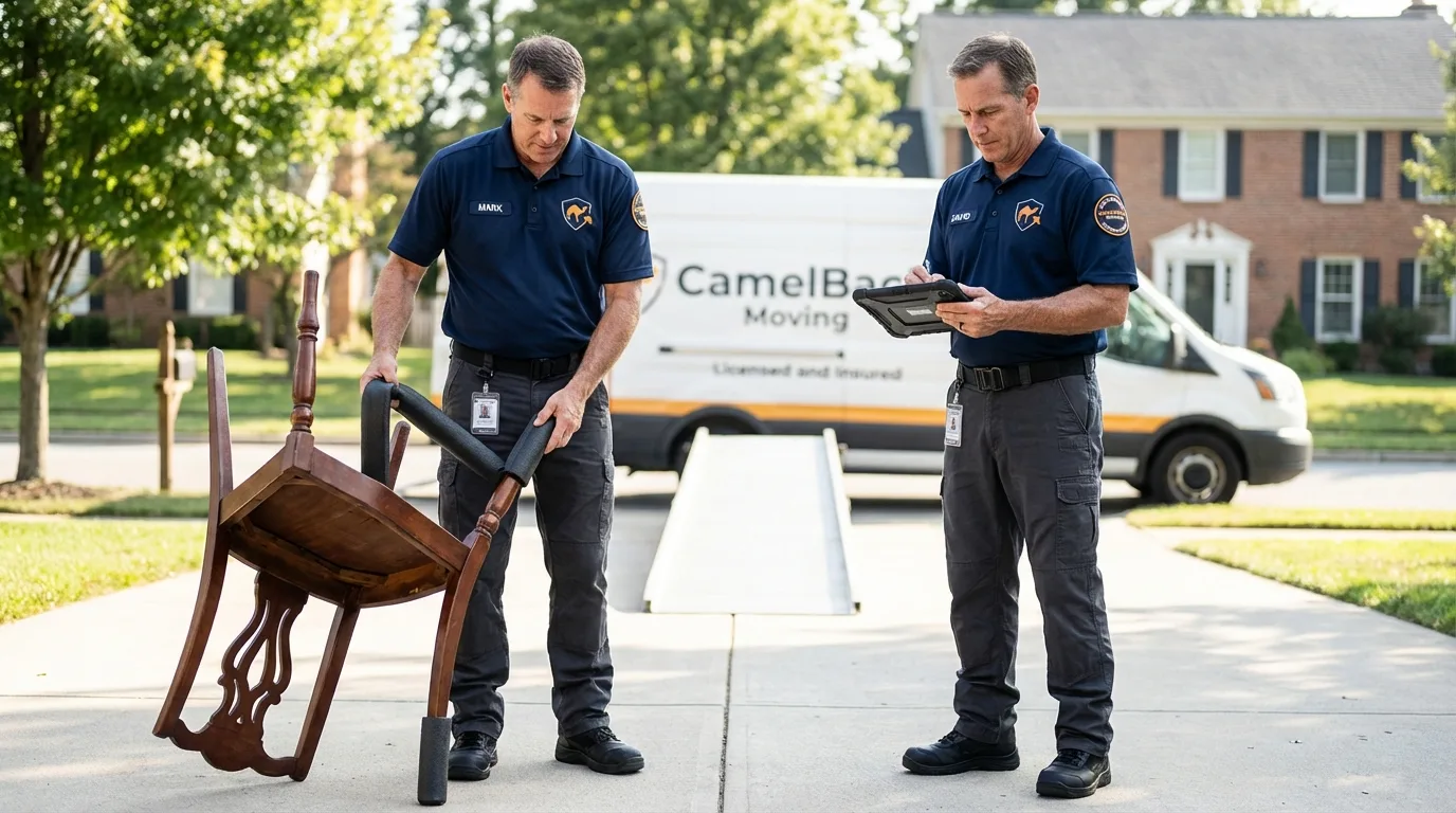 Movers inspecting furniture for damage prevention before loading in Atlantic Beach, NY