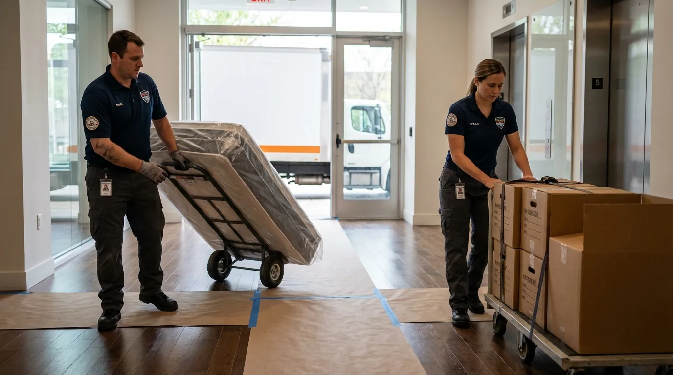 Professional apartment movers loading elevator in Atlantic Beach, NY