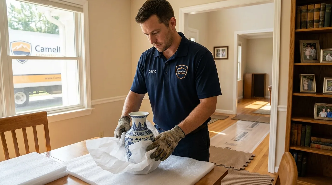 Professional crew carefully wrapping antique vase for senior downsizing move in Atlantic Beach, NY